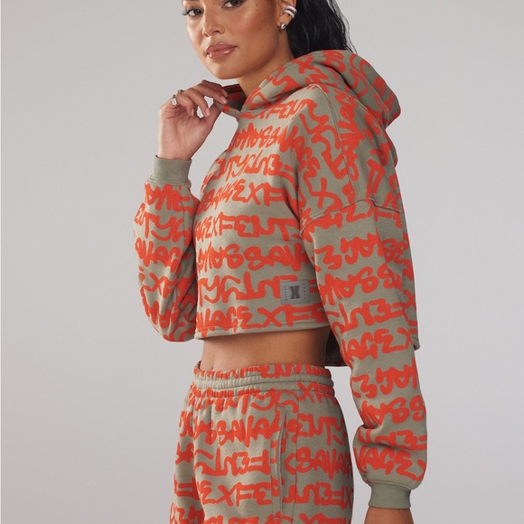 Savage X Fenty Essential Cropped Hoodie Orange and Gray 2X - Picture 2 of 5